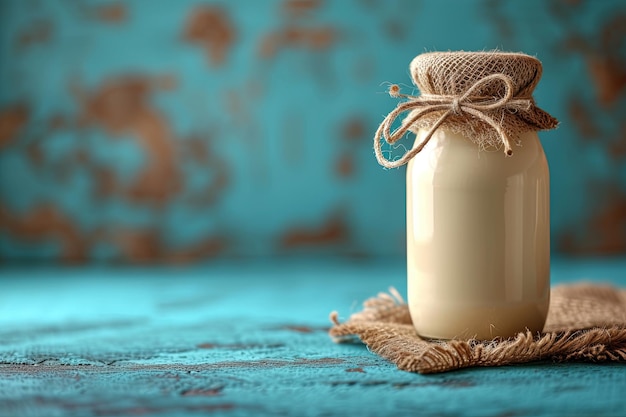 Un frasco en una vieja mesa de madera un frasco cerrado lleno de leche