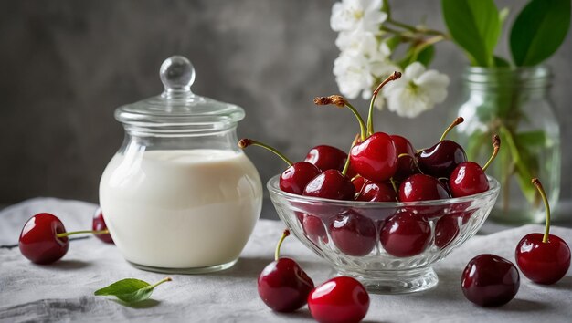 frasco de yogur con cerezas en la cocina