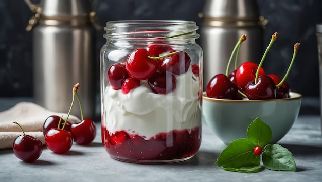 frasco de yogur con cerezas en la cocina