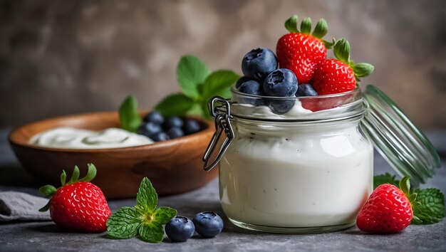 frasco de yogur con fresas arándanos y menta en la cocina