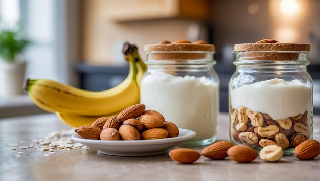 frasco de yogur con plátano y almendras en la cocina