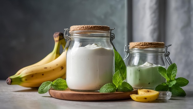 frasco de yogur con plátano y menta fresca en la cocina