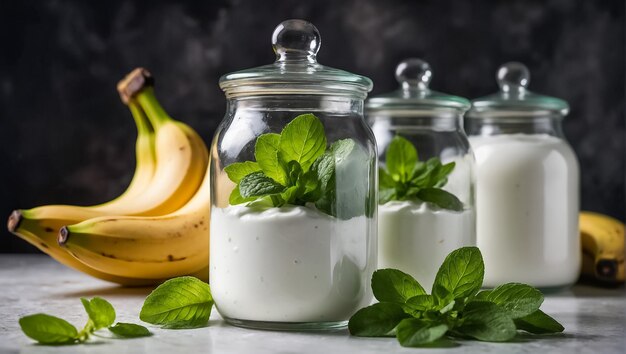 frasco de yogur con plátano y menta fresca en la cocina