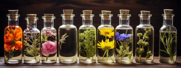 Foto frascos con aceite esencial de flores medicinales en una mesa de madera
