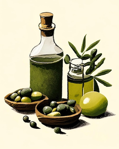 Foto frascos de aceite de oliva con aceitunas y aceite embotellado