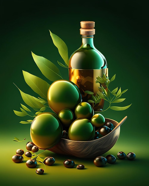 frascos de aceite de oliva con aceitunas y aceite embotellado