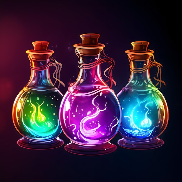 Frascos coloridos de poção de elixir mágico criados com IA generativa