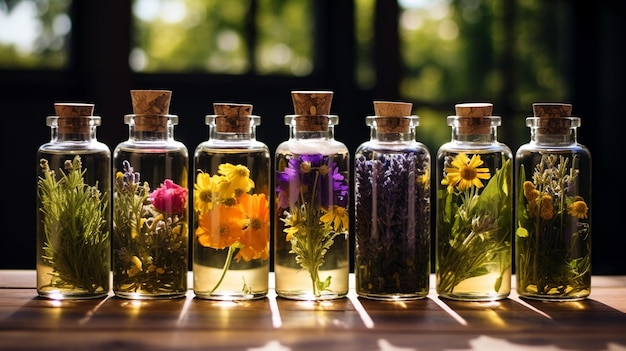frascos com óleo essencial de flores medicinais em uma mesa de madeira
