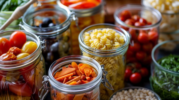 Los frascos de comida variados en la mesa