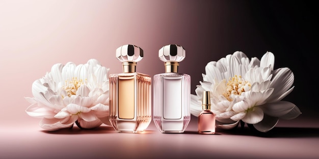 Foto frascos de composición de perfume con estilo tierno de perfume y flores ilustración rosada ai generativo