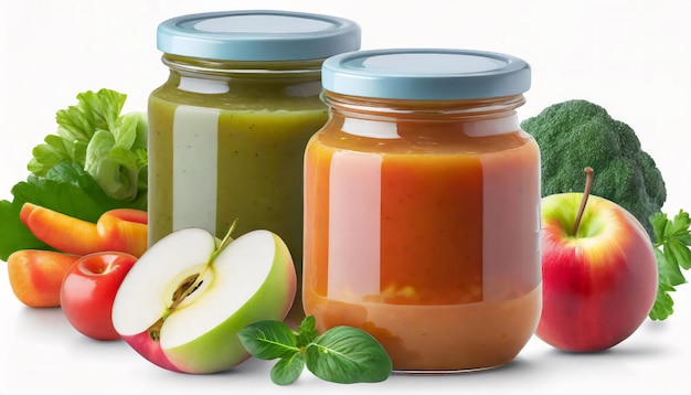 Frascos de alimentos saudáveis para bebês, maçãs frescas e legumes isolados em fundo branco