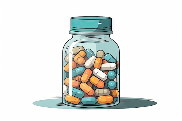 Frascos de comprimidos coloridos de desenhos animados em fundo branco