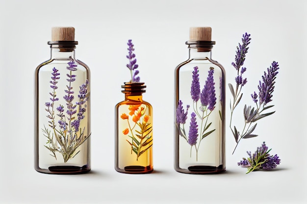 Frascos de cosméticos e flores de lavanda