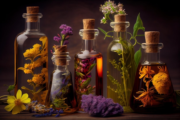 Frascos de cosméticos e flores de lavanda