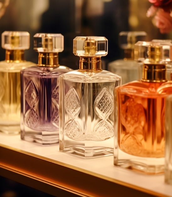 Frascos de fragrância de luxo em perfume em evento de apresentação perfumaria sob medida e venda de produtos de beleza generativa ai