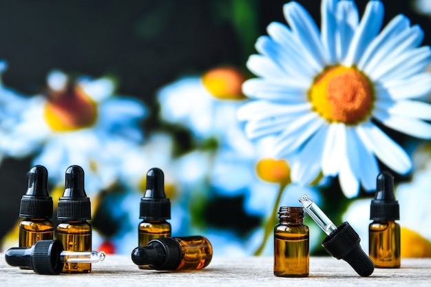 Frascos de óleo essencial e flores de camomila na mesa de madeira contra o fundo desfocado. Espaço para texto. Medicina alternativa à base de plantas.