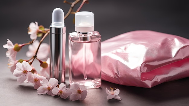 Frascos de perfume com flores cor de rosa em uma mesa
