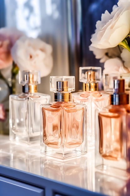 Frascos de perfume de luxo em exibição em uma apresentação perfume feminino nova coleção exclusiva pós-processada generativa ai