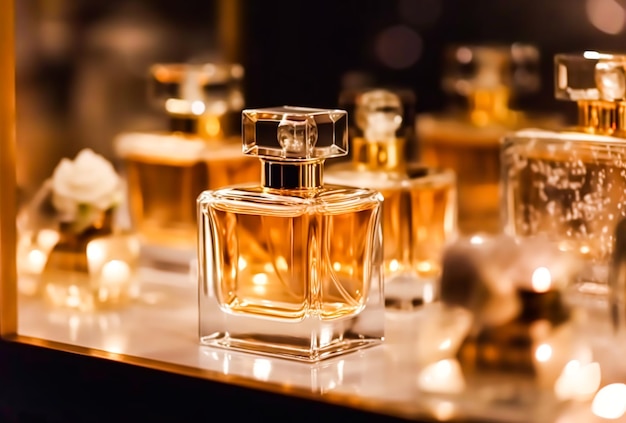 Frascos de perfume de luxo em exibição em uma apresentação perfume feminino nova coleção exclusiva pós-processada generativa ai