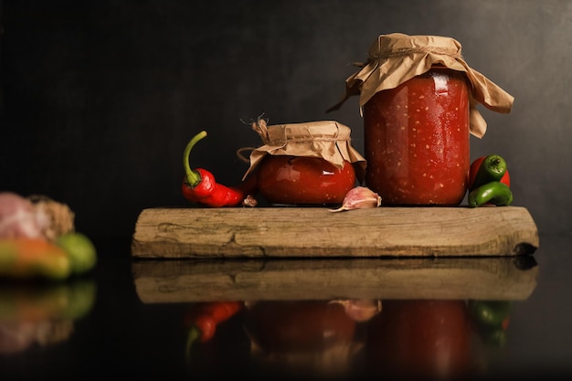 Frascos de vidro com molho de tomate picante exótico Adjika e ingredientes em um fundo preto