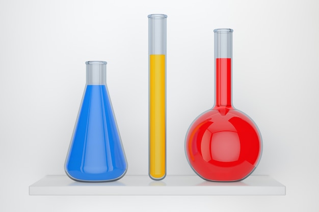 Frascos de vidro de laboratório com líquido de produtos químicos em um fundo branco. Renderização 3D.