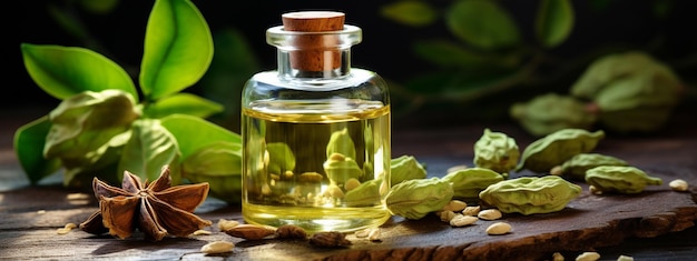 Foto frascos de extracto de aceite esencial de cardamomo y semillas enteras