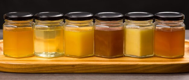 Frascos hexagonais com diferentes tipos e cores de alimentos vitamínicos de mel de flores frescas para saúde e vida