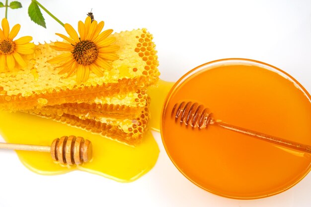 Frascos hexagonales con diferentes tipos y colores de alimentos vitamínicos de miel de flores frescas para la salud y la vida