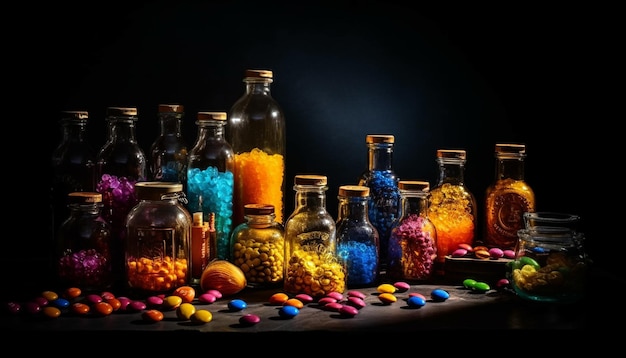 Los frascos de medicamentos multicolores varían en el fondo negro generado por IA