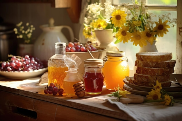 Los frascos de miel con crema iluminados por el sol junto a la cerámica en un alféizar de madera evocan el calor y la familiaridad