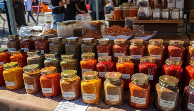 Frascos multicolores de especias vendidos en el mercado generados por IA