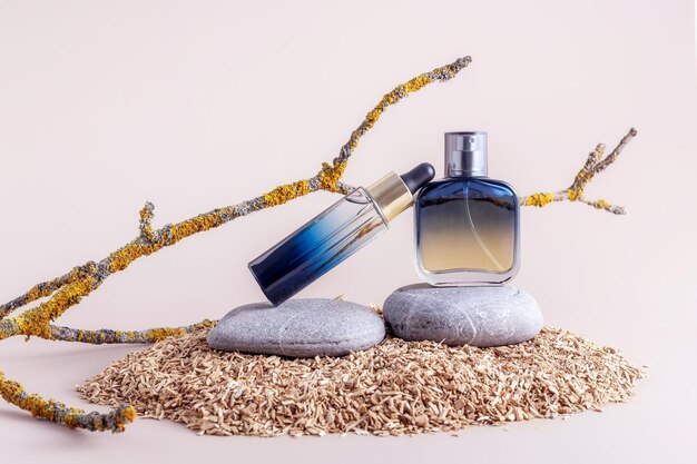 Foto frascos para galhos de árvores de cosméticos com pedras de liquens e lascas de casca