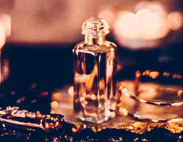Frascos de perfume y fragancia vintage en la noche, aroma, cosméticos fragantes y eau de toilette como marca de belleza de lujo, diseño de perfume de moda navideña.