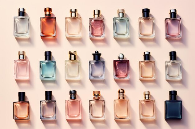 Frascos de perfume multicolores sobre fondo beige