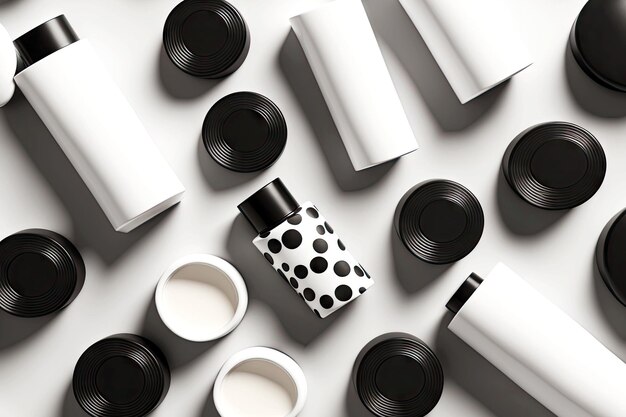 Frascos preto e branco com cosméticos com produtos de spa de pontos pretos flatlay