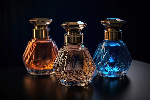 Frascos transparentes de perfume em fundo escuro