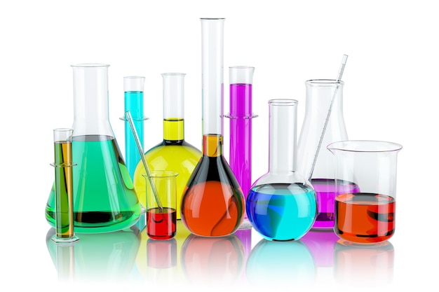 Frascos y tubos de vidrio de prueba de cristalería de laboratorio con solución aislada sobre fondo blanco Concepto de investigación y química científica