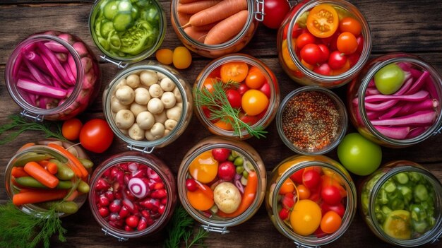 Frascos de verduras y frutas en escabeche en el jardín.