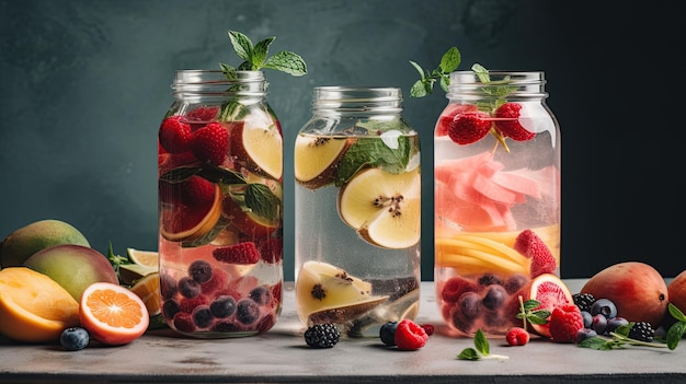 Frascos de vidrio de agua con infusión de frutas