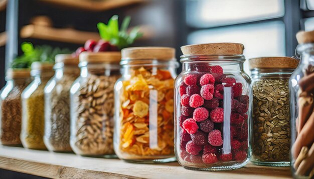 Foto los frascos de vidrio llenos de una variedad de alimentos orgánicos liofilizados en un estante de madera