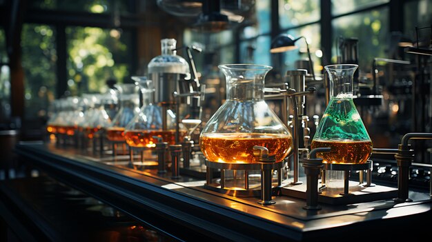Foto los frascos de vidrio multicolores y los frascos con tubos de ensayo químicos en un laboratorio médico científico