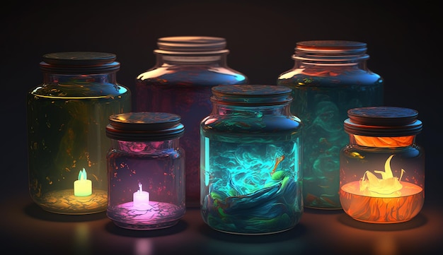 Frascos de vidrio para velas con arte generado por ai brillante de neón
