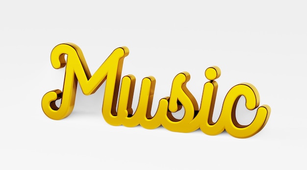 Frase caligráfica de ilustración 3D -Música. UNA . Logotipo 3d de oro al estilo de la caligrafía de la mano sobre un fondo uniforme blanco con sombras.