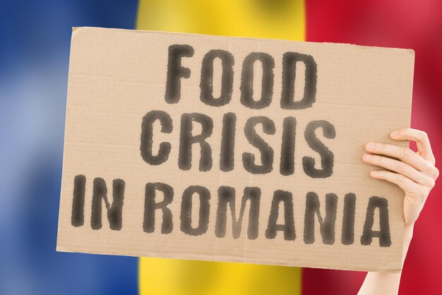 La frase Crisis alimentaria en Rumania está en una pancarta en las manos de los hombres con una bandera rumana borrosa en el fondo Crisis Finanzas Vida Nutrición Pan Desastre Colapso Problema social