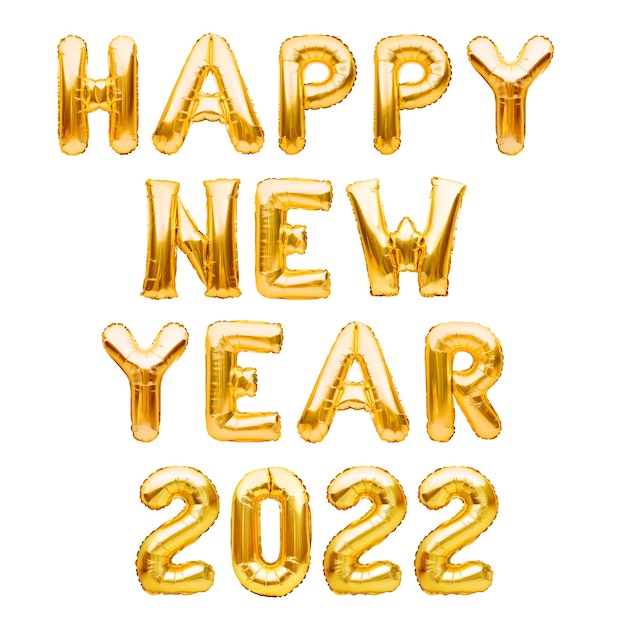 Frase de feliz año nuevo hecha de globos inflables dorados aislados en globos de helio blanco formando feliz año nuevo decoración de celebración de lámina de felicitación