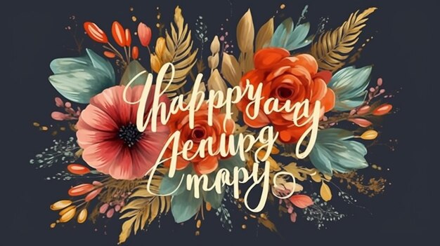 Frase de letras de feliz aniversario con pinceladas y flores Diseño tipográfico IA generativa