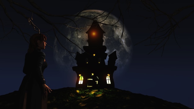 Frau 3D, die ein gespenstisches Schloss gegen einen moonlit Himmel betrachtet