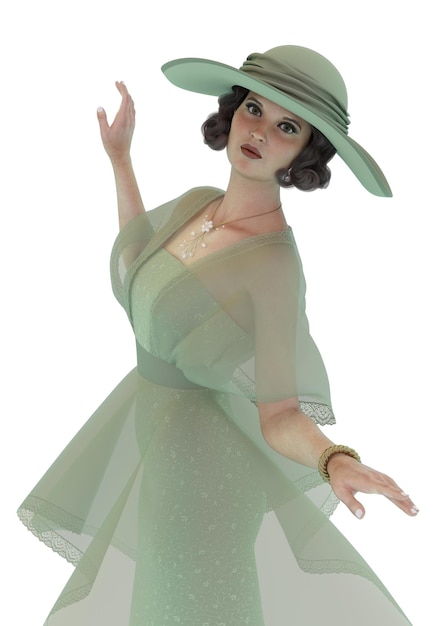 Frau 3D im Retro- grünen Kleid und im Hut