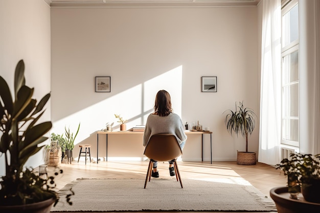 Frau allein arbeitet zu Hause mit ihrem Laptop Illustration des Fernarbeitskonzepts Generative KI