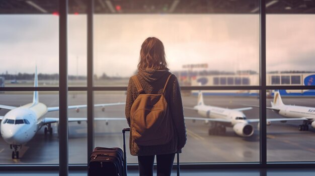 Foto frau am flughafenterminal wartet auf flug und nutzt smartphone. durchsuchen sie das internet in sozialen medien